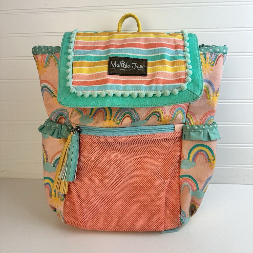 Matilda Jane Rainbow Sun Pink Teal Pom Pom Splash Swim Drawstring Backpack Bag
